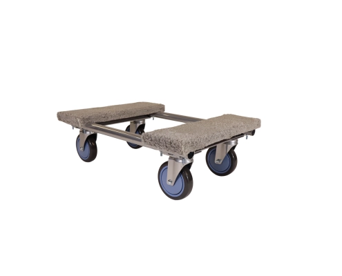 The Furniture and Piano Dolly 1354 features two carpeted platforms and four blue caster wheels for moving heavy items. This flat, rectangular dolly is ideal for furniture transport and is shown on a white background.