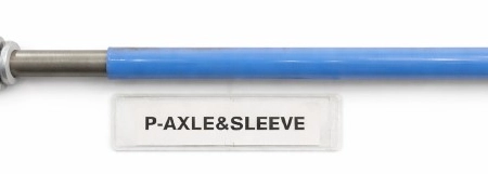 The P-AXLE&SLEEVE is a metal rod with a bolt head at one end, a partial blue sleeve on the shaft, and white washers near the bolt head.