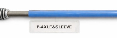 The P-AXLE&SLEEVE is a metal rod with a bolt head at one end, a partial blue sleeve on the shaft, and white washers near the bolt head.